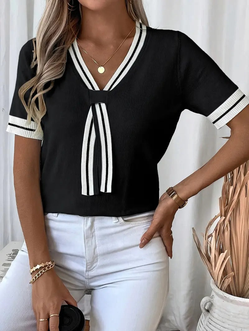 Kvinnors Stickad Topp med V-ringning | Elegant & Lätt | Sommar med Knytband