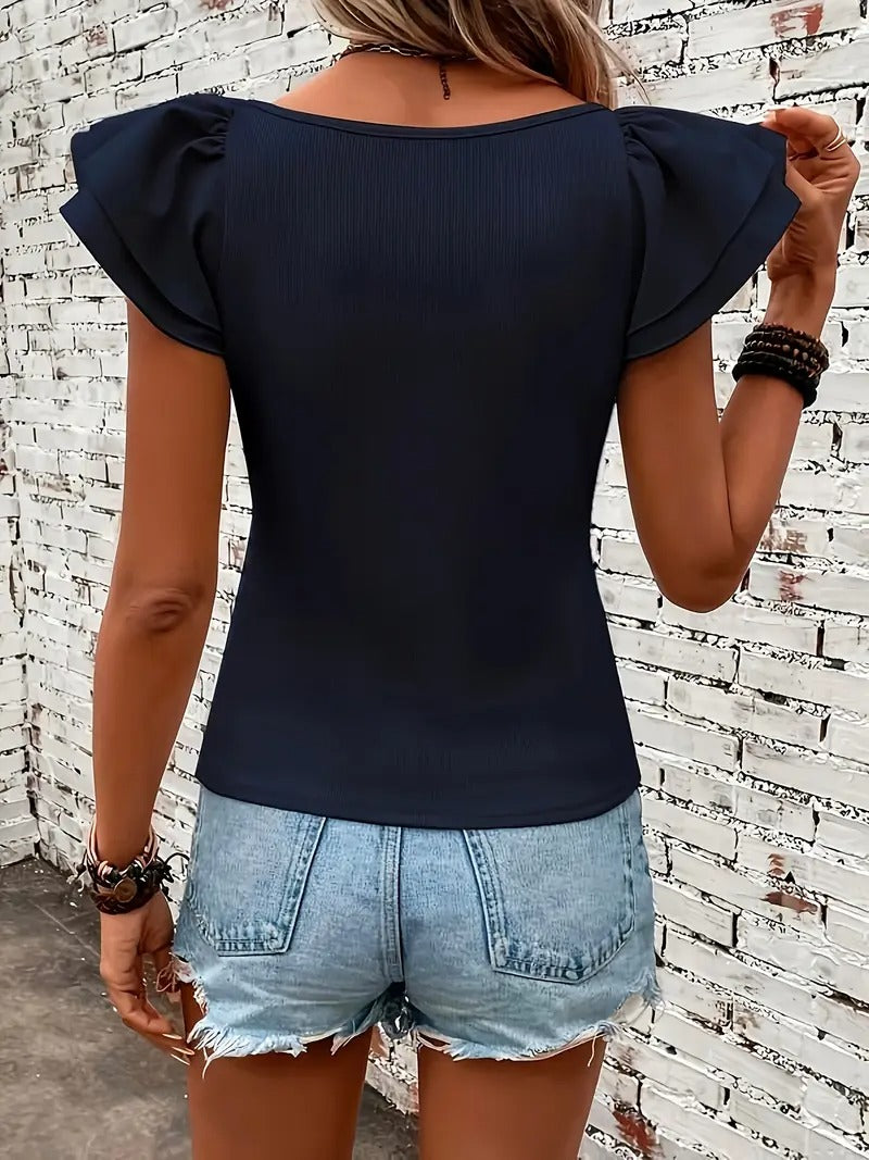 Dam-T-shirt | Lager & Volangärmar | Elegant Runda Hals Top för Vår & Sommar