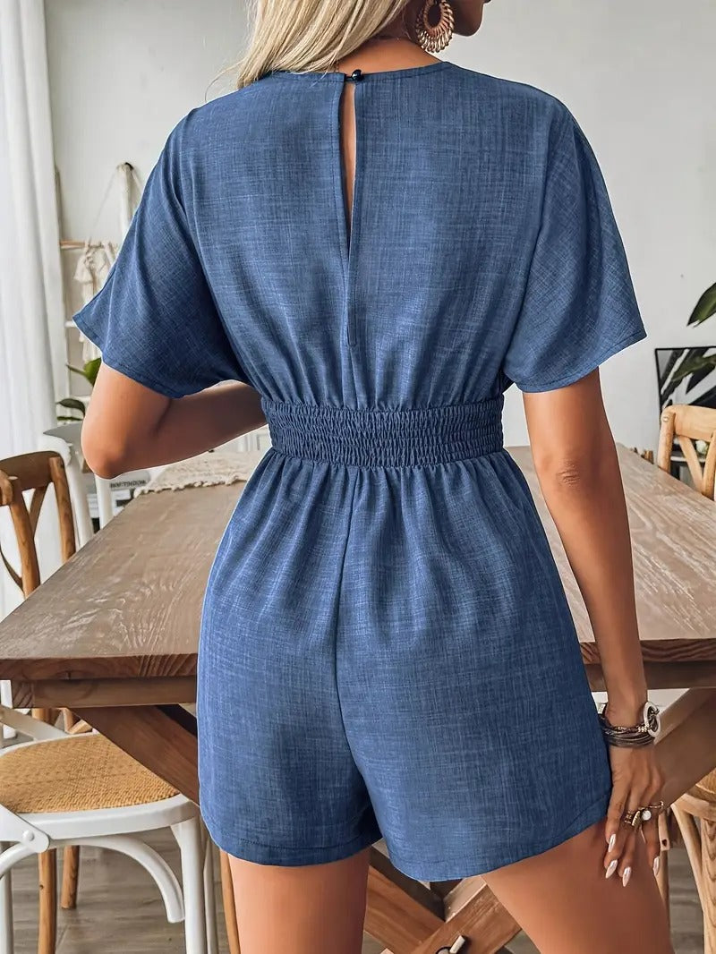 Romper för kvinnor | V-ringning & vingeärm | midjedetalj | elegant polyester
