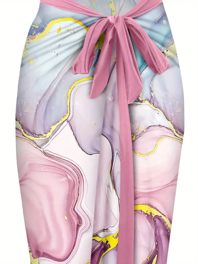 Damset | Tvådelat Set med Bodysuit & Omlottkjol | Havsinspirerad Print & Elegant Twistdesign