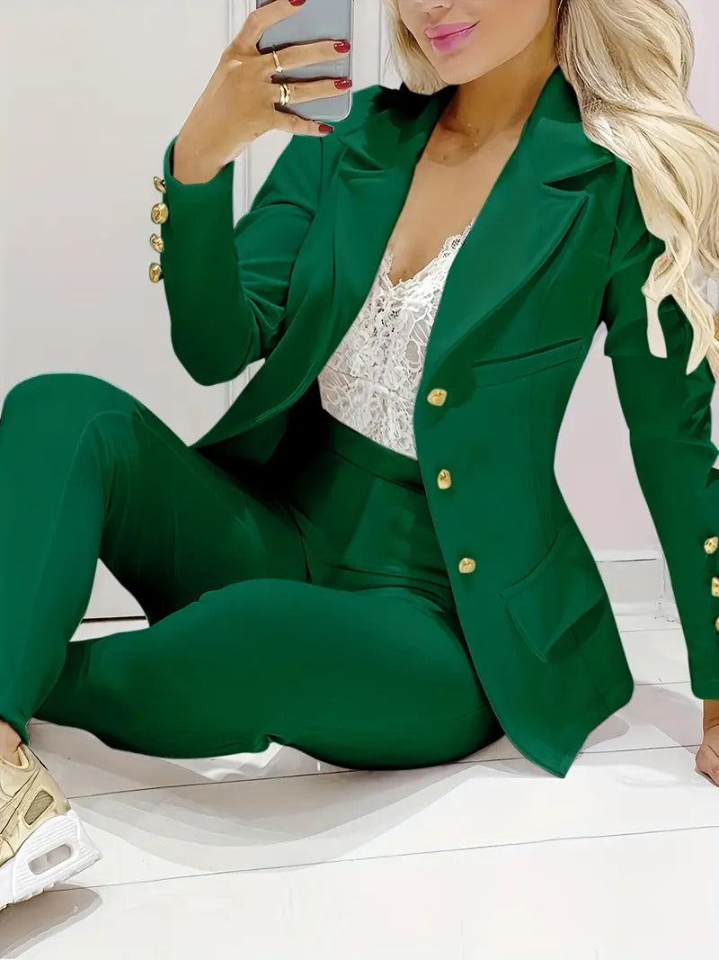 Tvådelat set för kvinnor | Blazer med dubbla rader & byxor med smal passform | Business & Casual | Elegant & Stilfstickad struktur