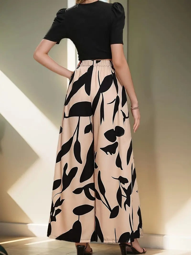 Damset | Elegant Tvådelat Set med Blus & Vida Byxor | Effen Design & Bladprint