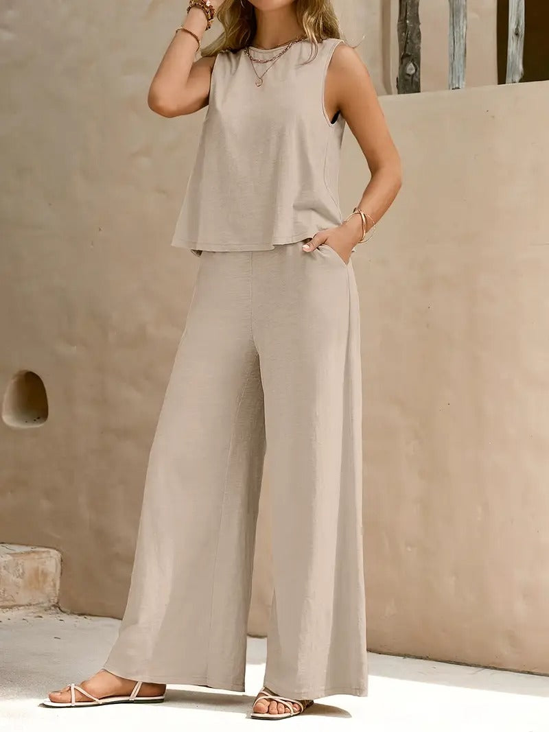 Bohemisk Strandoutfit | Avslappnad och Luftig | Mouwlös Top & Vida Byxor | Polyester för Sommar