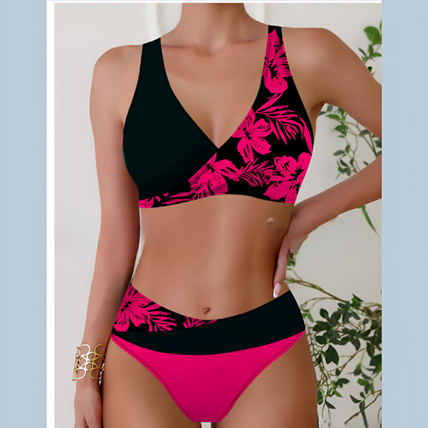 Kvinnor Bikini Set | Hög Midja | Blommigt Tryck | Tvådelad Baddräkt