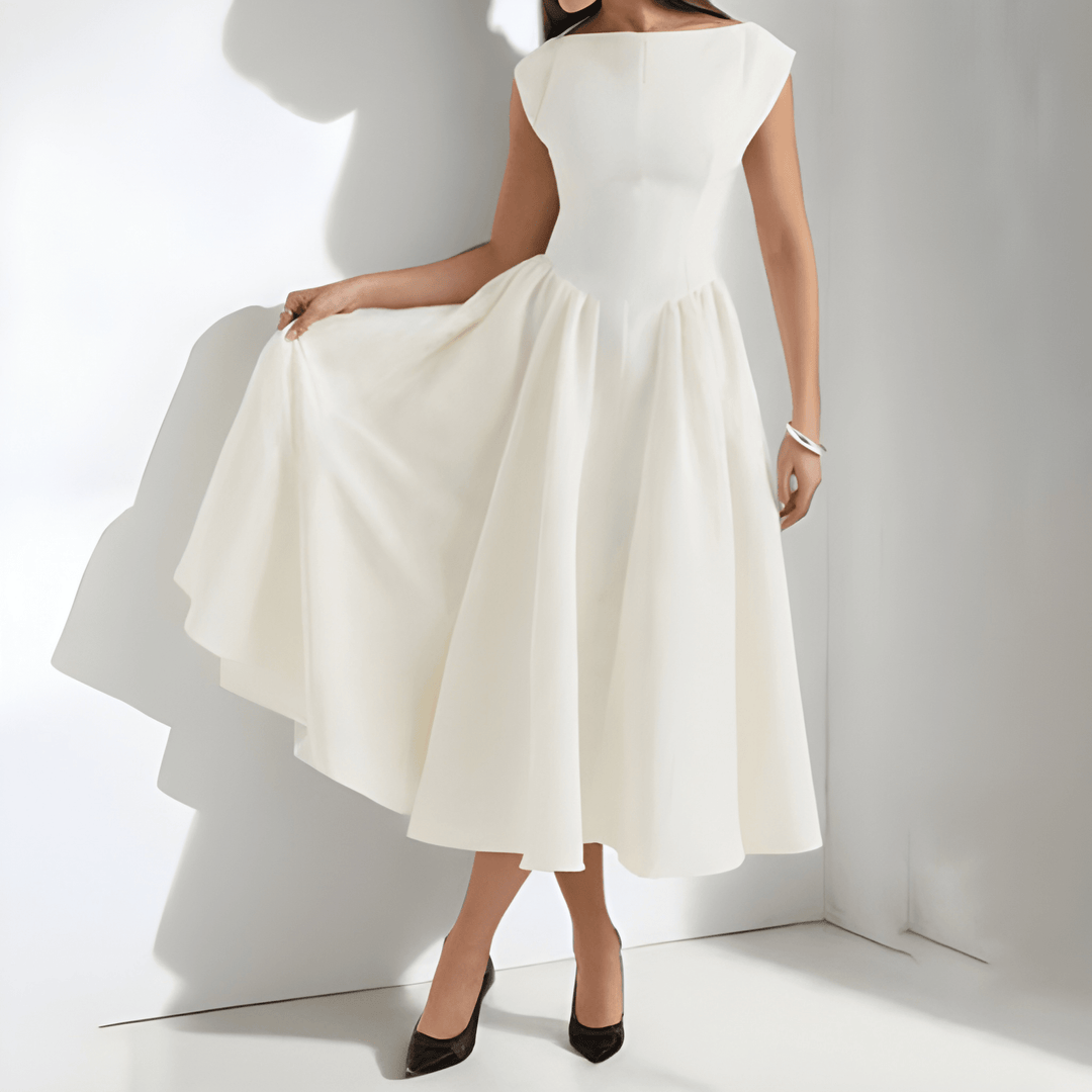 Klänning Midi | Elegant Vit Klänning | Markerad Midja | Tidlös Design