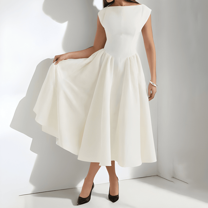 Klänning Midi | Elegant Vit Klänning | Markerad Midja | Tidlös Design