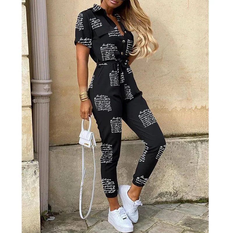 Jumpsuit för Dam | Kort Ärmsmodell med Krage | Elegant Passform & Bälte | Polyester