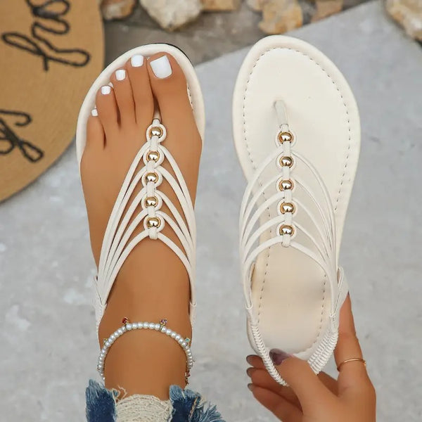 Dam Sandaler | Bohemisk Stil & Pärlband | Öppen Tå & Platt Sula