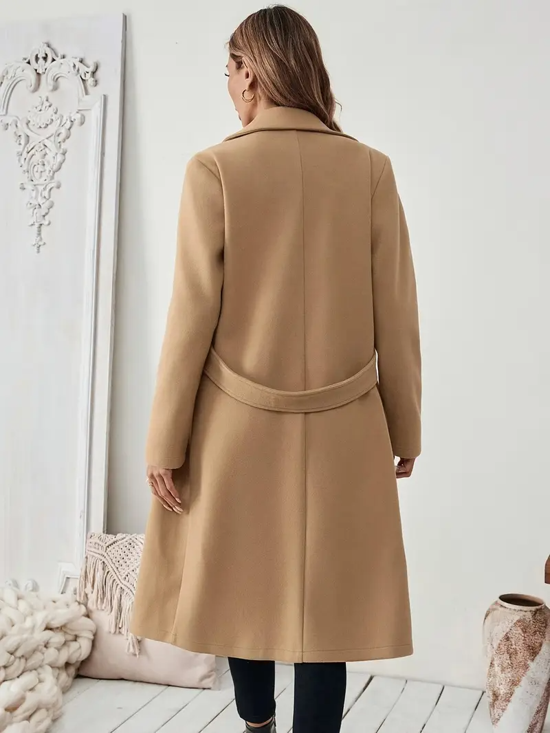 Vinterrock Dam | Lång Svart Tweed Jacka | Elegant Bälte & Slag