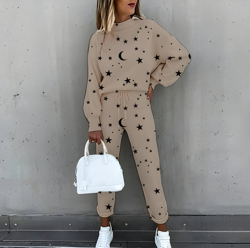 Tvådelat Set för Dam | Tryckt Träningsdräkt | Långärmad Topp & Byxor | Trendig & Bekväm Loungewear