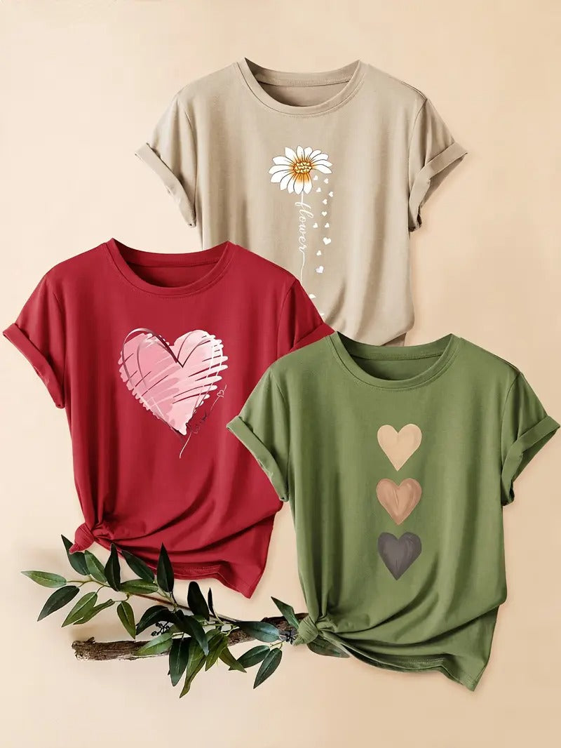 Dams Set | 3-delad T-shirt & Shorts | Retro Stil & Blommigt Tryck