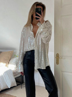 Blus för Kvinnor | Oversized Passform | Trendig & Bekväm | Glittrig Detalj
