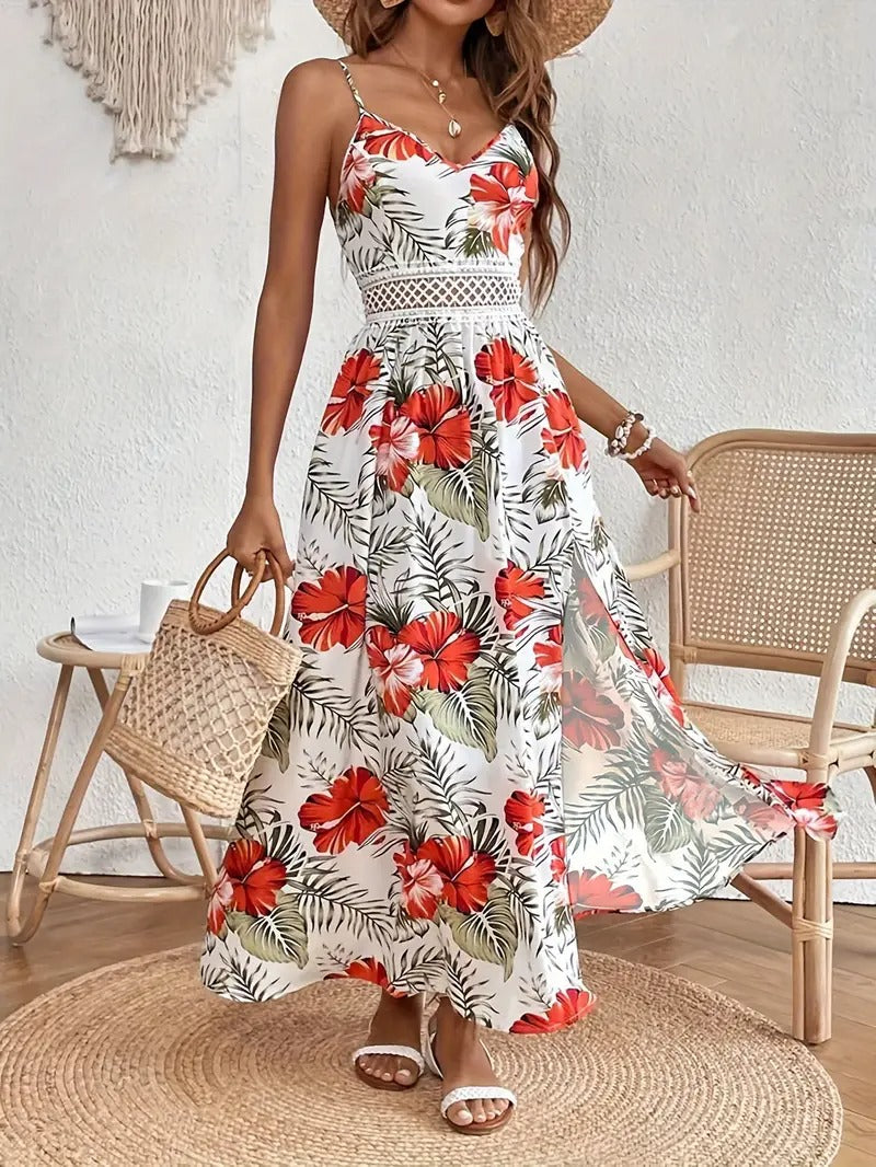 Damklänning | Ärmlös Med Slits | Blommigt Mönster & Spagettiband | Elegant Sommarklänning