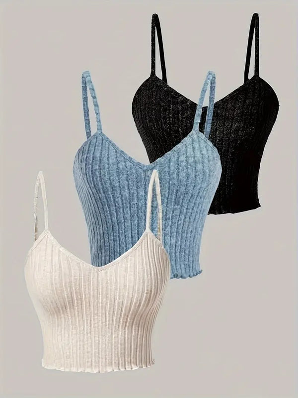 Damtanktops | 3-pack Ribbad med Spagettiband | Ärmlösa & Bekväma för Sommaren