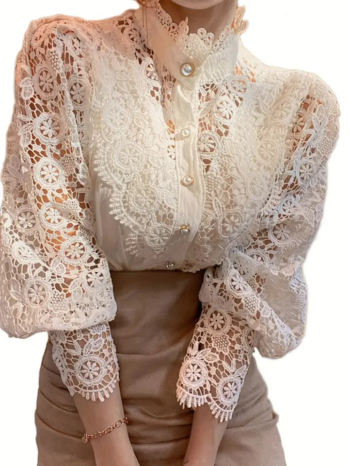 Dam Blus | Viktoriansk Stil | Pärlknappar &amp; Spetsdetaljer | Elegant Långärmad Topp