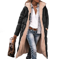 Damjacka Vinter Fleece | Enfärgad Hooded Parka | Lång Är | Polyester