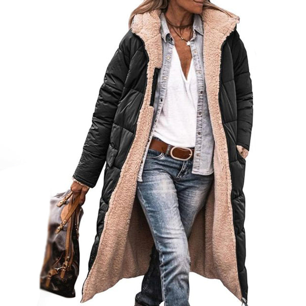 Damjacka Vinter Fleece | Enfärgad Hooded Parka | Lång Är | Polyester
