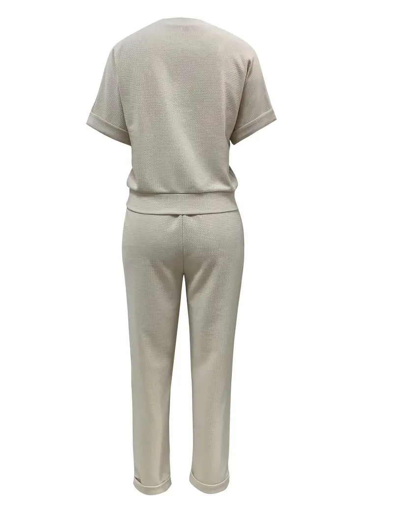 Damsset | Minimalistisk Design & Justerbar Midja | Tvådelad Bekväm Sportlook i Polyester för Vår/Sommar