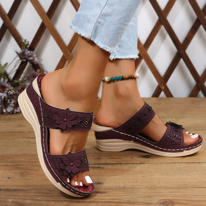 Damtofflor | Retro Wedge Sandals | Avslappnade och bekväma | Plattformstofflor med blomdesign