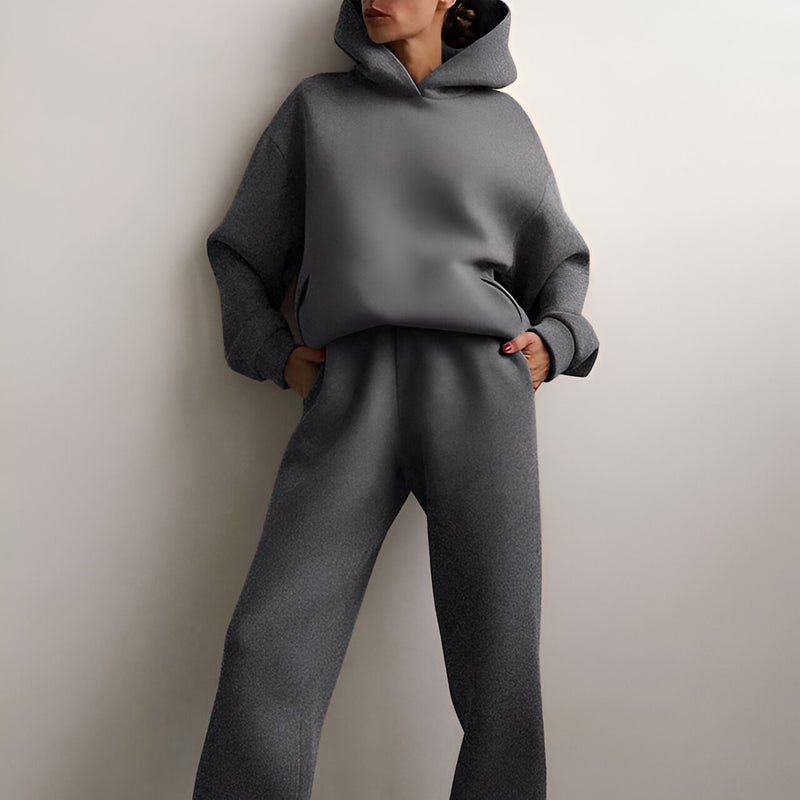 Damträningsset | Fleecefodrat med Huvtröja | Tjock Tvådelad Mjukisdress | Polyester