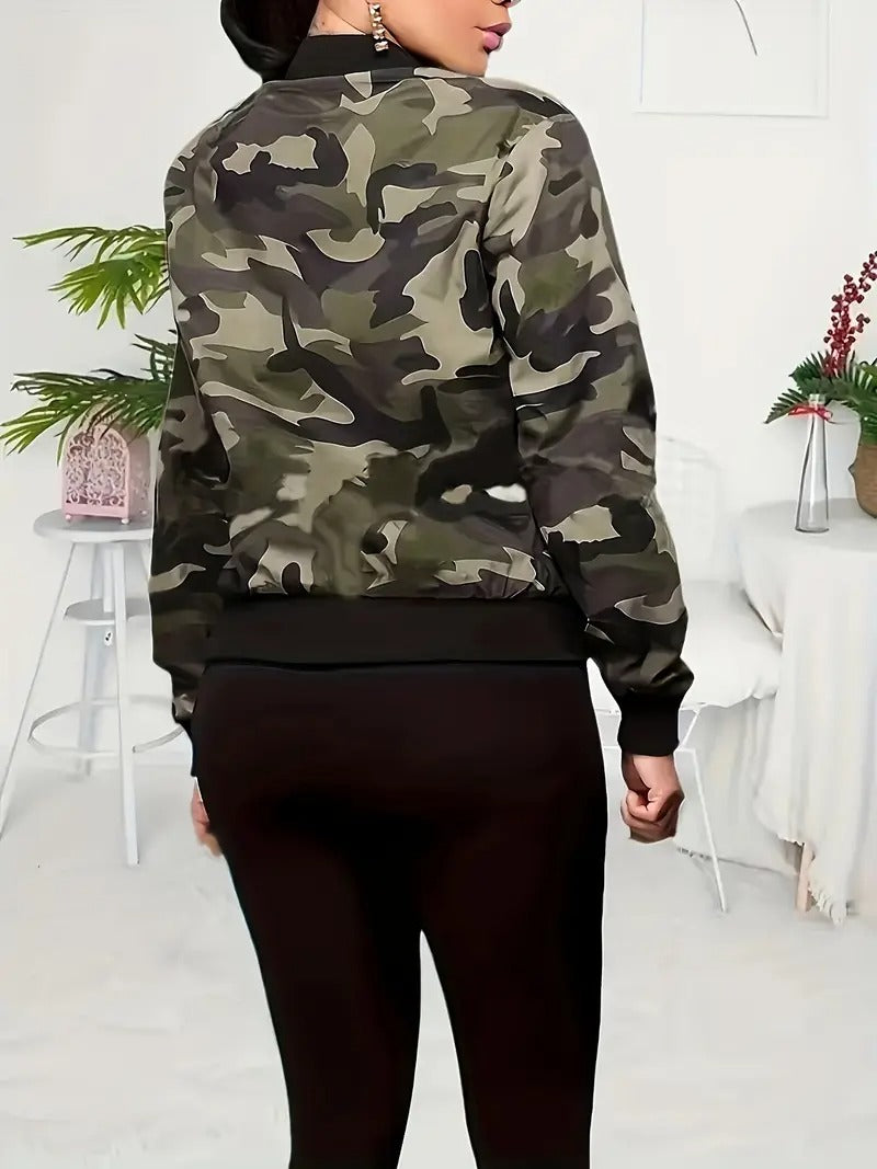 Damjacka | Camouflage & Skstickad struktur Print | Lättviktspolyester & Dragkedja | Baseballkrage