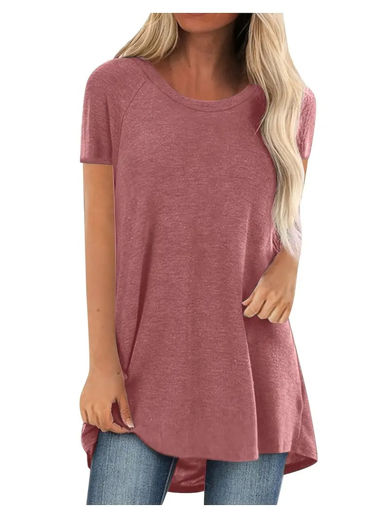 Dam T-shirt | Lång Modell & Rund Hals | Enfärgad Casual Topp med Korta Ärmar