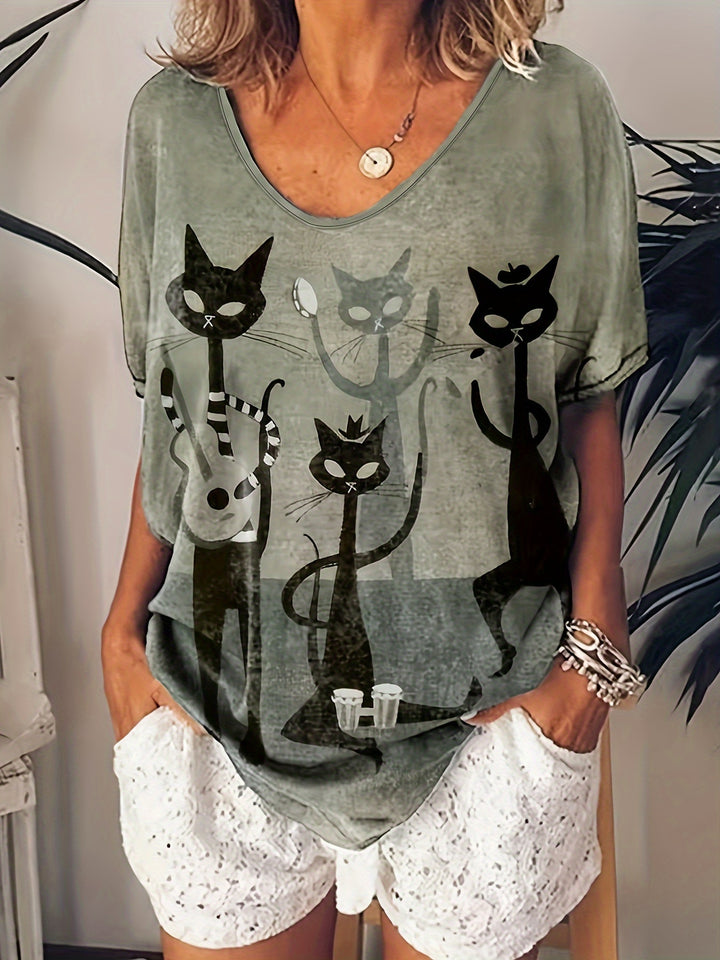 Dam T-shirt | Kattmotiv | Kortärmad &amp; Avslappnad Passform | För Vår &amp; Sommar