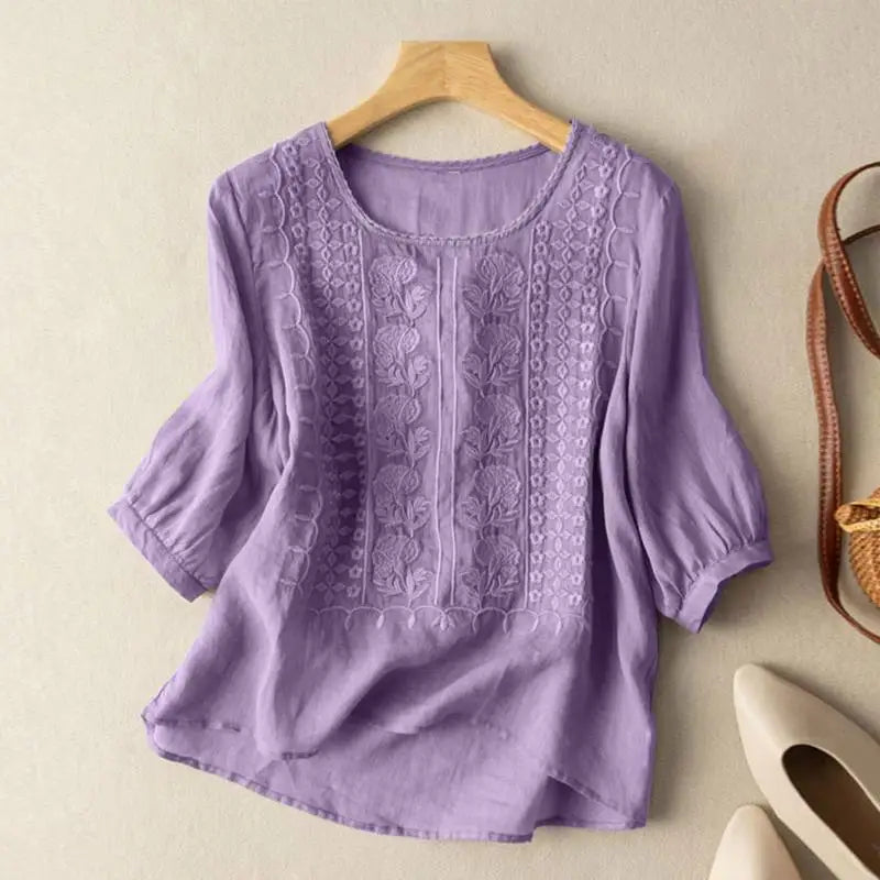 Dam Blus | Broderad | Lätt Oversize | Sommar