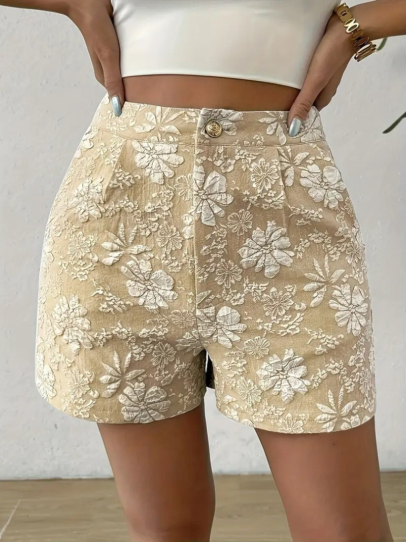 Kvinnors Blommiga Jacquard Shorts | Hög Midja &amp; A-Linje | Eleganta Damesshorts