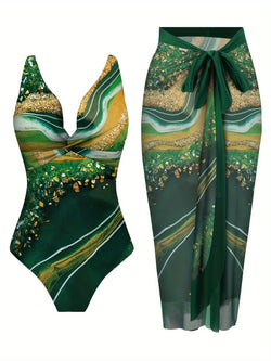 Damset | Tvådelat Set med Bodysuit & Omlottkjol | Havsinspirerad Print & Elegant Twistdesign