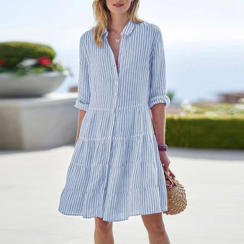 Dam Skjortklänning | Randigt Mönster | Långärmad A-linje Mini | Elegant & Vardaglig Stil