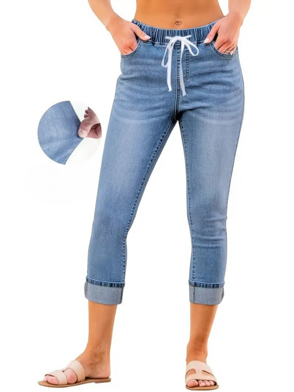 Kvinnors Byxor | Hög Midja Jeans | Stretchig Denim med Dragsko | Blå