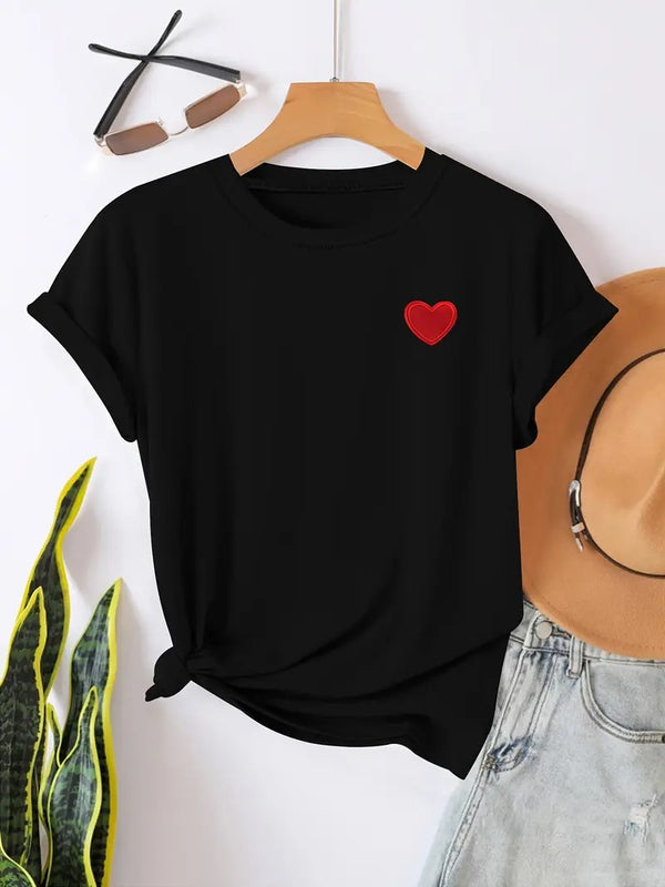 T-shirt för kvinnor | Hjärtformat tryck & Rund hals | Avslappnade korta ärmar | För vår & sommar