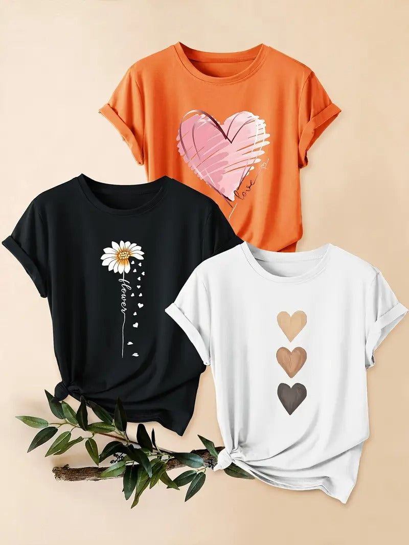Dams Set | 3-delad T-shirt & Shorts | Retro Stil & Blommigt Tryck