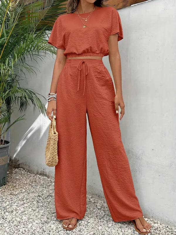 Set för kvinnor | Crop Top & Byxor | Fladdermusärmar & dragsko | Polyester