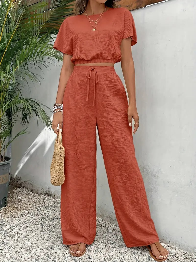 Set för kvinnor | Crop Top & Byxor | Fladdermusärmar & dragsko | Polyester