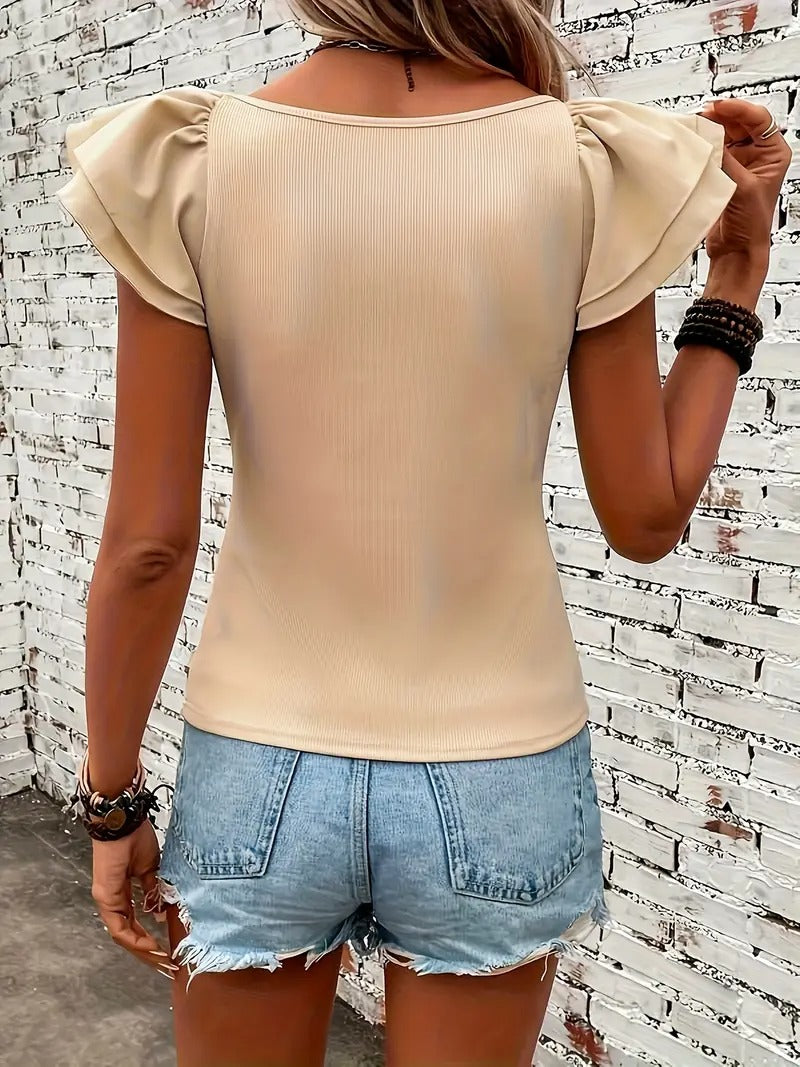 Dam-T-shirt | Lager & Volangärmar | Elegant Runda Hals Top för Vår & Sommar