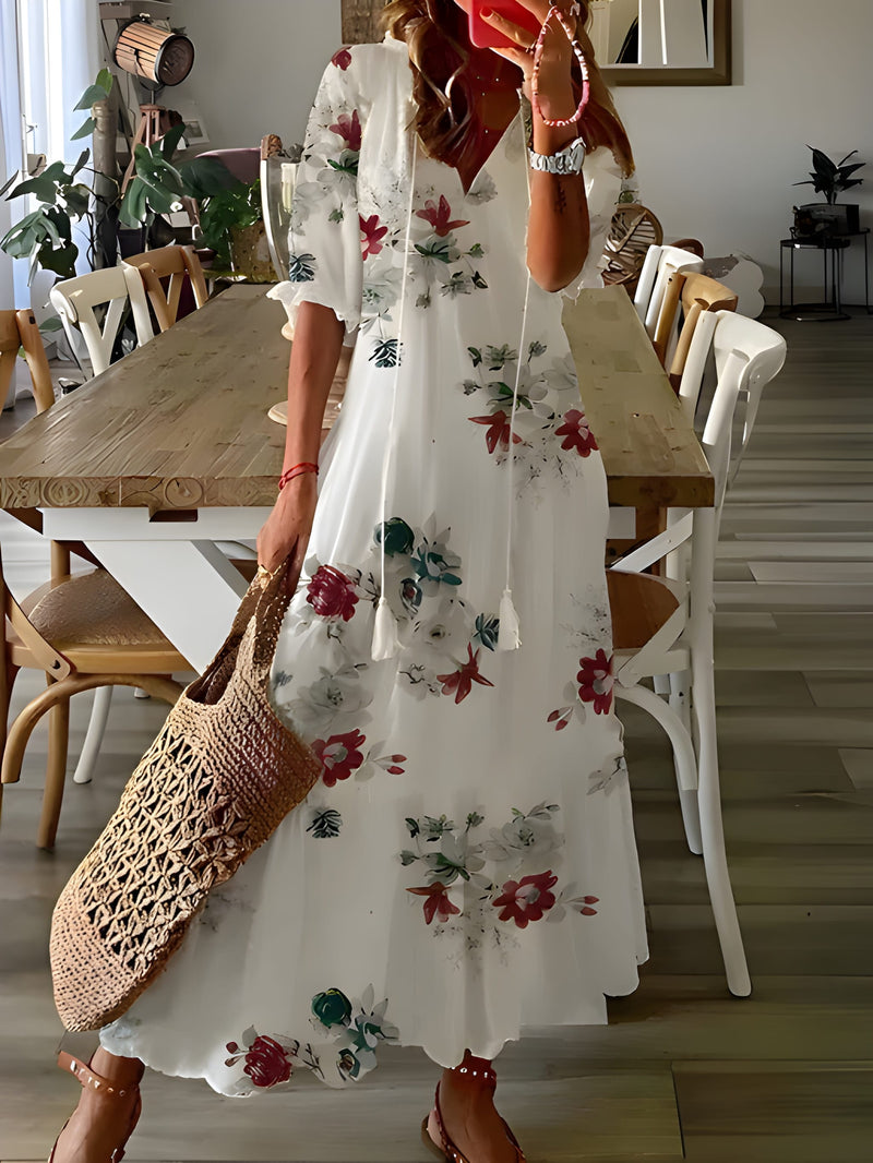 Dam Bohemisk Maxiklänning | Lätt Sommarstil | V-ringning & Justerbar Midja | Polyester