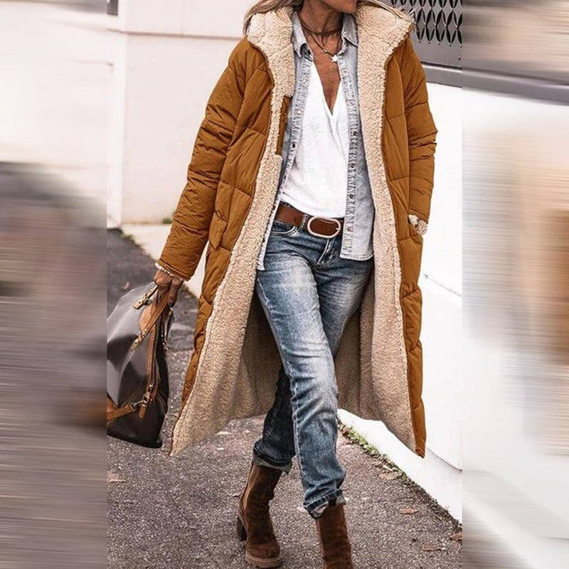 Damjacka Vinter Fleece | Enfärgad Hooded Parka | Lång Är | Polyester