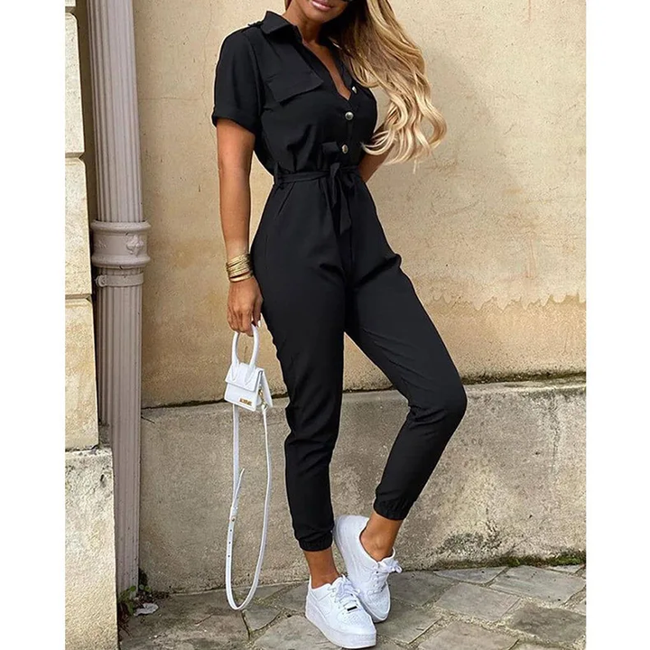 Jumpsuit för Dam | Kort Ärmsmodell med Krage | Elegant Passform &amp; Bälte | Polyester