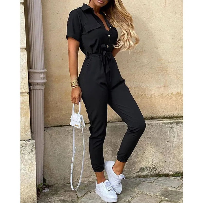Jumpsuit för Dam | Kort Ärmsmodell med Krage | Elegant Passform & Bälte | Polyester