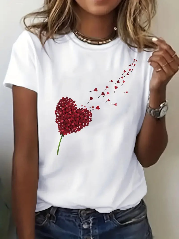 Damt-shirt | Svart &amp; Hjärttryck | Bekväm Kortärmad Topp för Vår &amp; Sommar