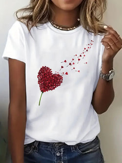 Damt-shirt | Svart & Hjärttryck | Bekväm Kortärmad Topp för Vår & Sommar