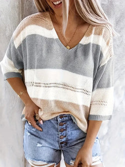 Dam Tröja | V-ringning & Off-Shoulder | Randig Stickad med Håldetaljer | Ljusgrå & Rosa