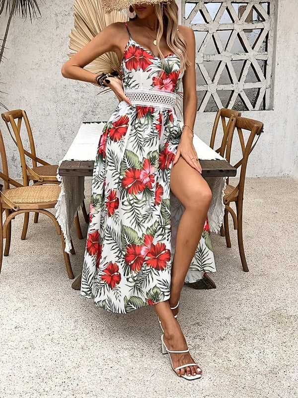 Damklänning | Ärmlös Med Slits | Blommigt Mönster & Spagettiband | Elegant Sommarklänning
