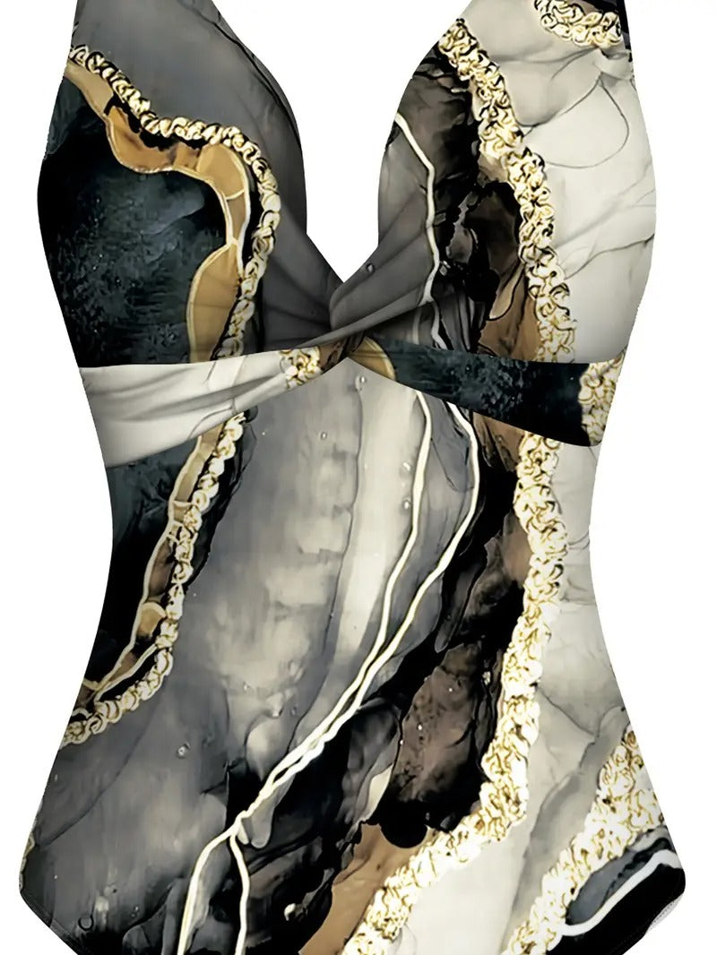 Damset | Tvådelat Set med Bodysuit & Omlottkjol | Havsinspirerad Print & Elegant Twistdesign