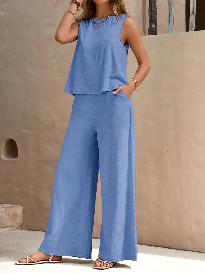 Bohemisk Strandoutfit | Avslappnad och Luftig | Mouwlös Top & Vida Byxor | Polyester för Sommar