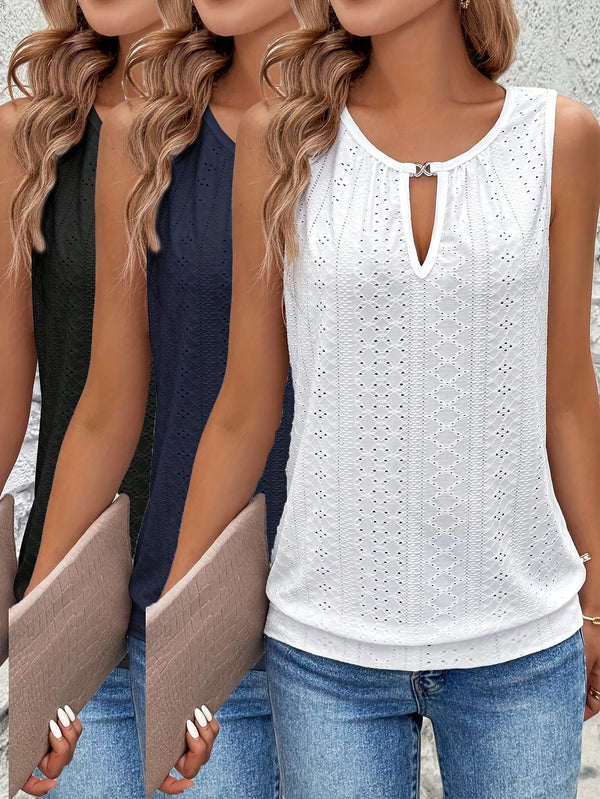 Tanktops för kvinnor | 3-pack med broderidetaljer & nyckelhål | sommar & ärmlös design