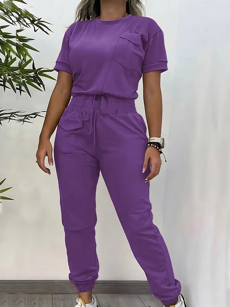 Damset | Trendig Kortärmad Topp & Byxa | Elegant Enfärgad Design | Bekväm Polyester