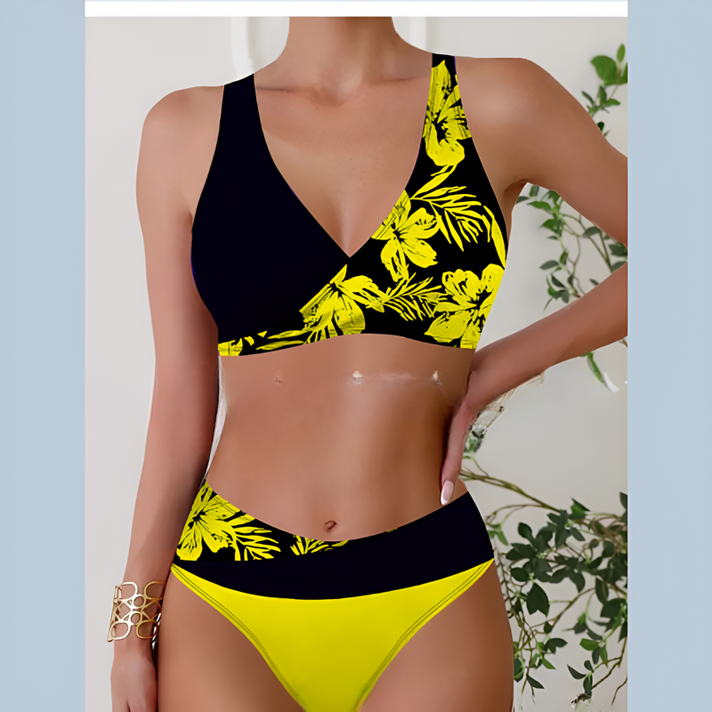 Kvinnor Bikini Set | Hög Midja | Blommigt Tryck | Tvådelad Baddräkt